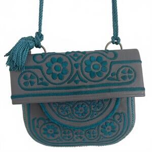 Vintage Moroccan Leather Embroidered Berber Bag Blue/Grey